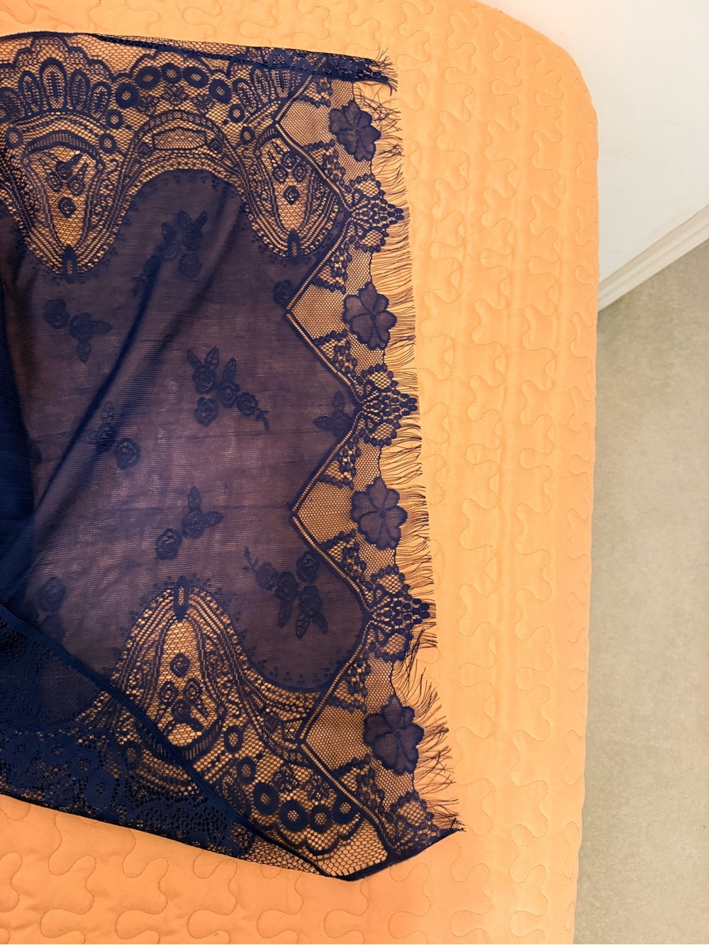Navy Lace Scarf Shawl with Floral Trim